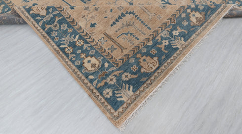 9x12 Tan Blue Washable Rug Modern Turkish Wool Oushak Design Hand Knotted Hand Spun Wool Rug #SE-137