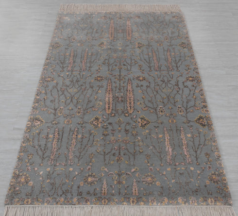 4x6 Rug Tree of Life D.Grey Pine Garden Design Rug Modern Handmade Wool & Silk Rug, #1648